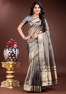 Grey Zari Weaving Organza Saree  Set