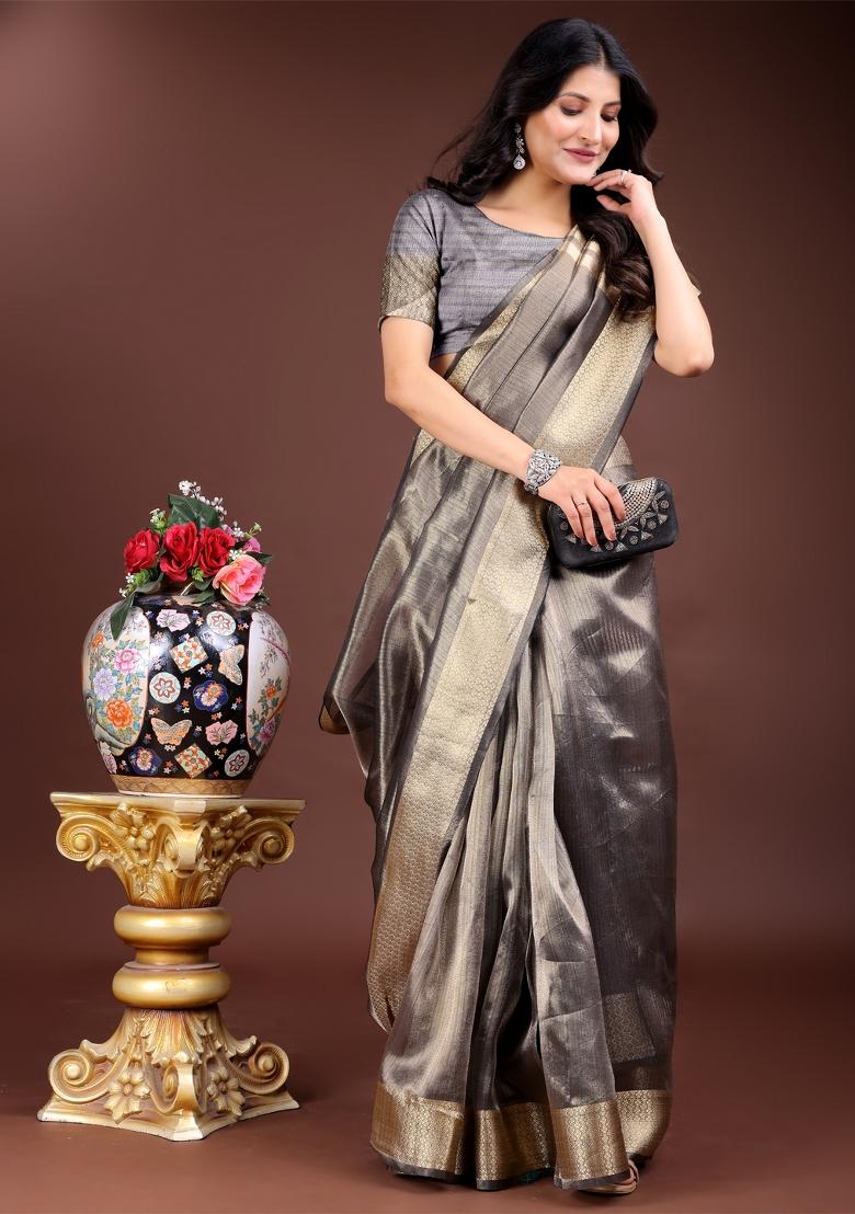 Grey Zari Weaving Organza Saree  Set