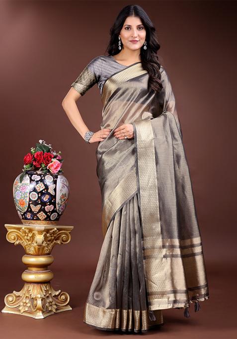 Grey Zari Weaving Organza Saree  Set