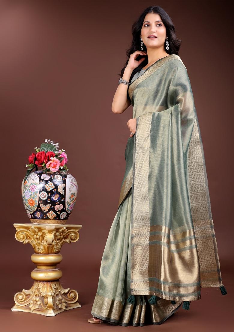 Sea Green Zari Weaving Organza Saree  Set