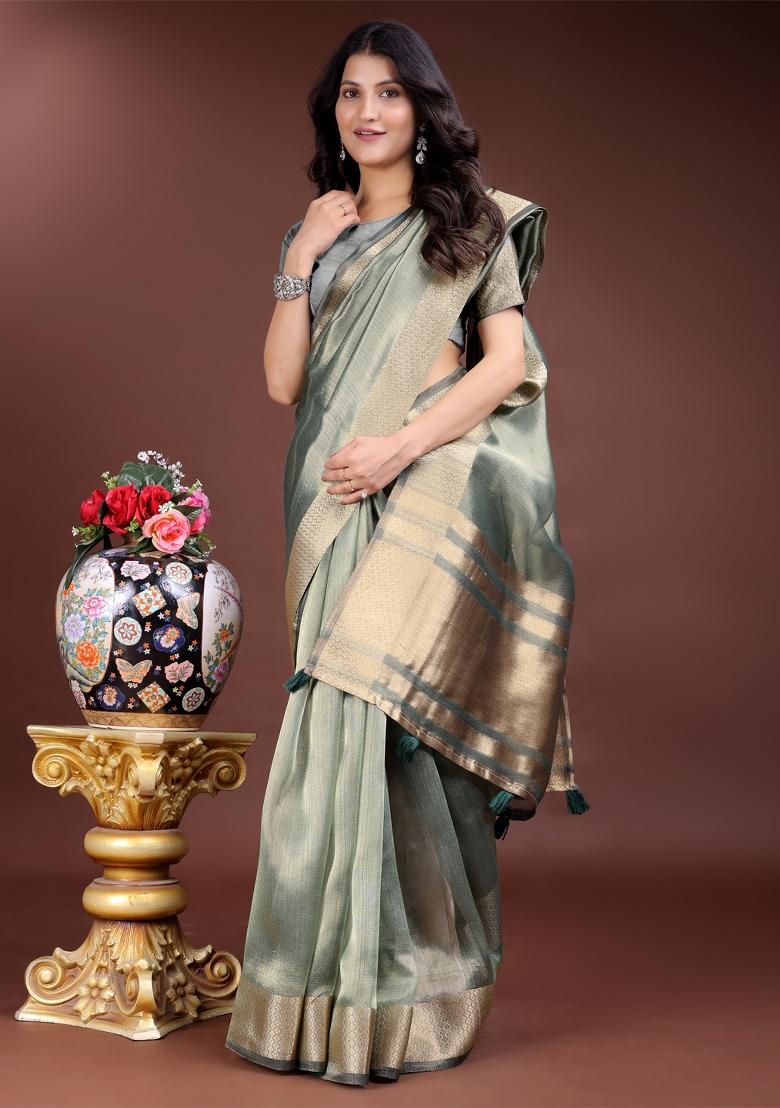 Sea Green Zari Weaving Organza Saree  Set