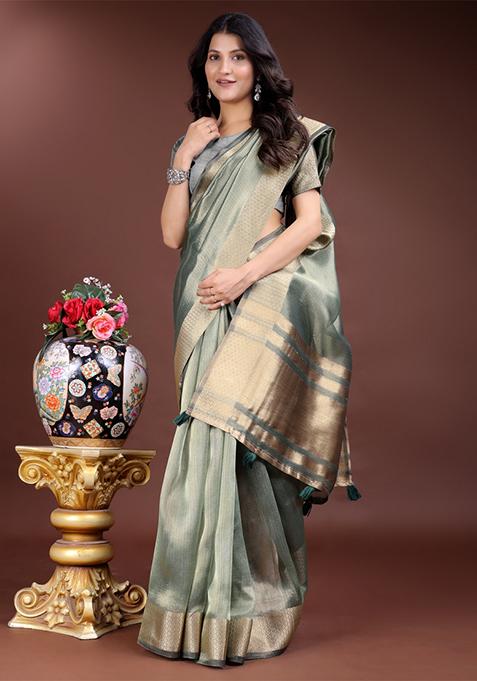 Sea Green Zari Weaving Organza Saree Set