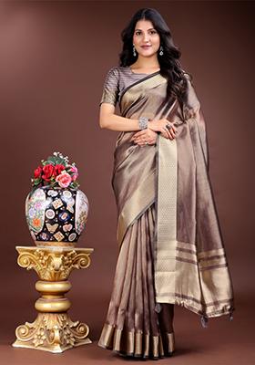 Brown Zari Weaving Organza Saree  Set