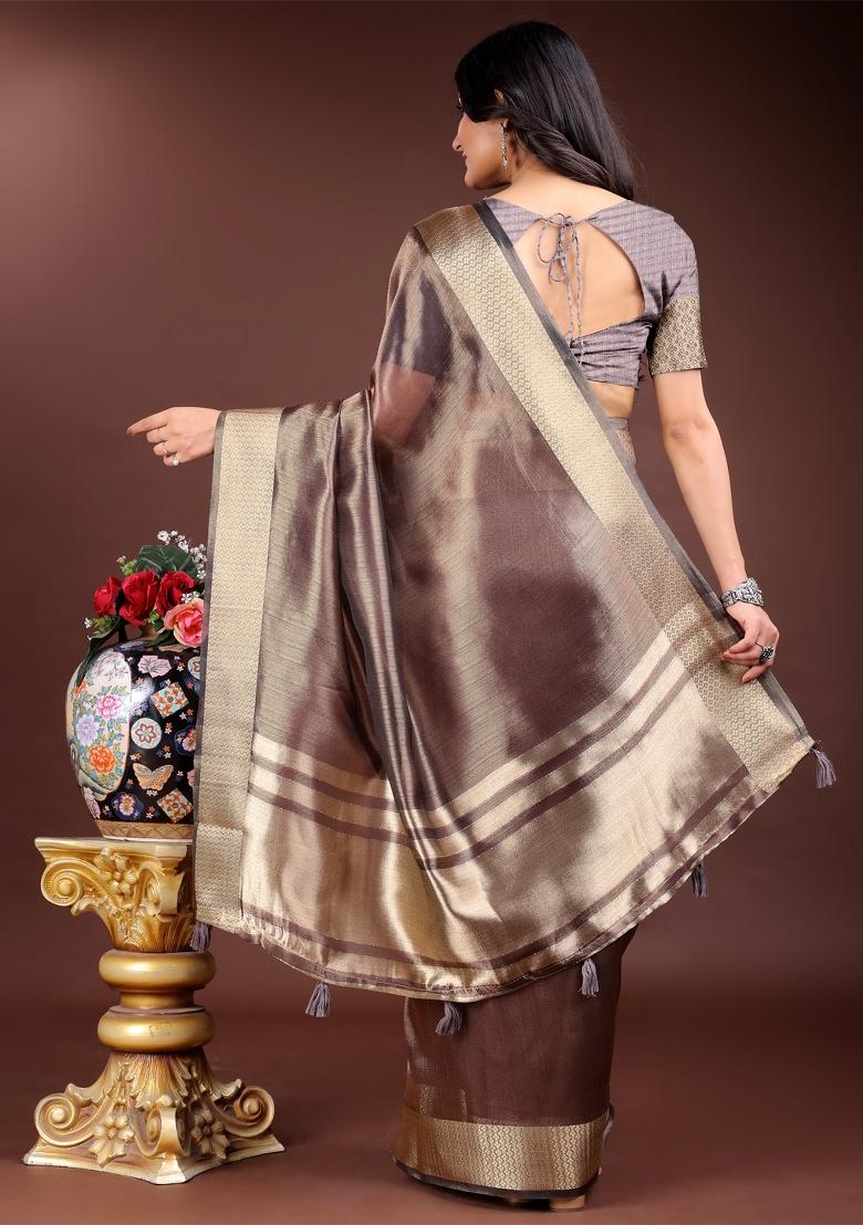 Brown Zari Weaving Organza Saree Set
