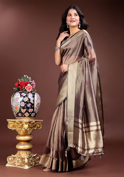 Brown Zari Weaving Organza Saree Set