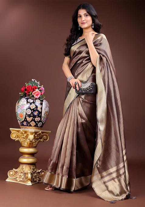 Brown Zari Weaving Organza Saree Set