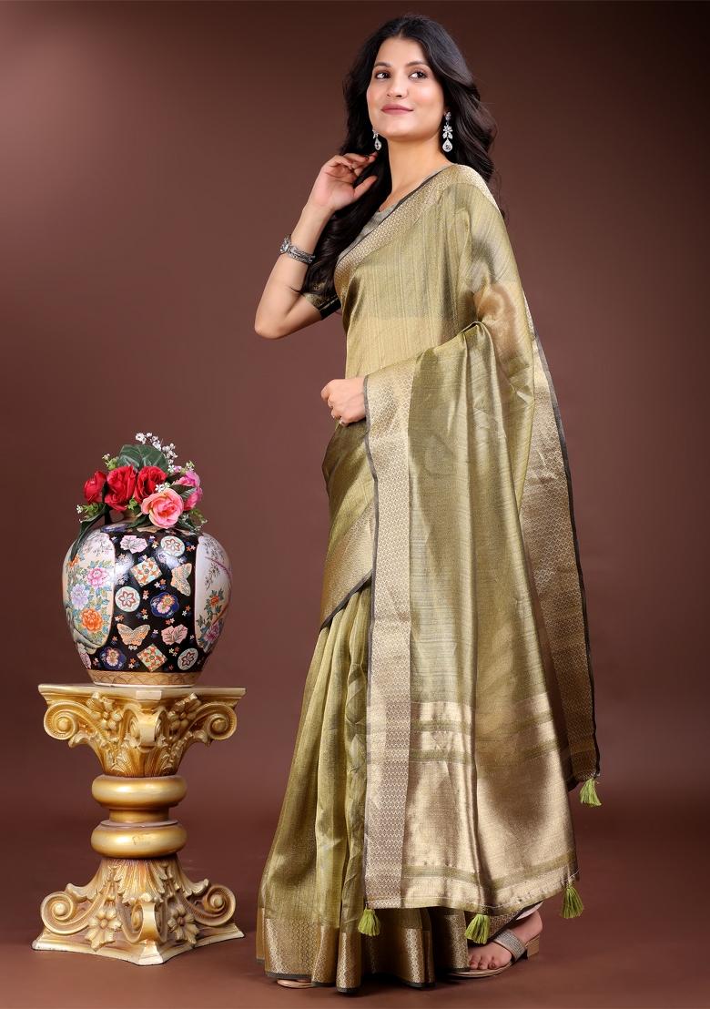 Mehendi Green Zari Weaving Organza Saree  Set