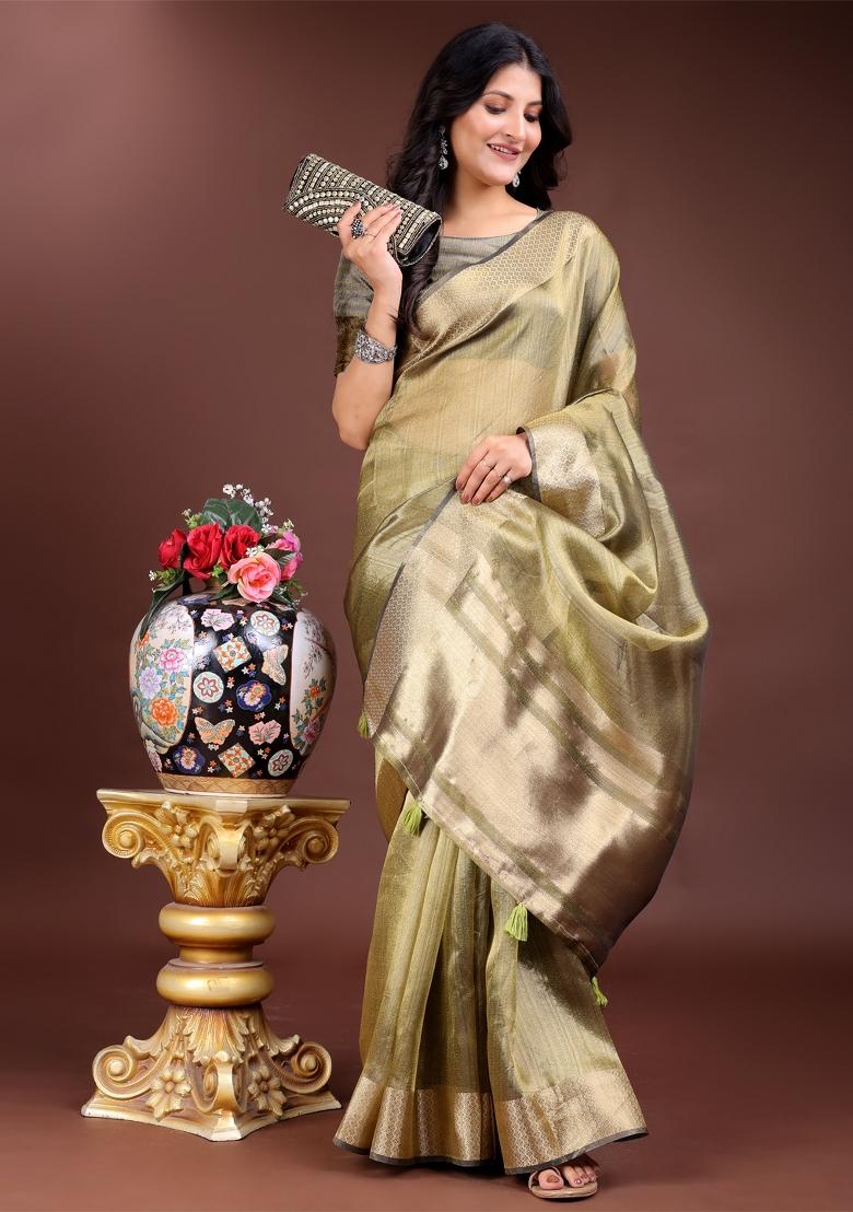 Mehendi Green Zari Weaving Organza Saree  Set