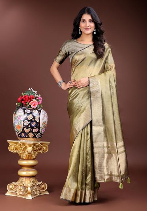 Mehendi Green Zari Weaving Organza Saree  Set
