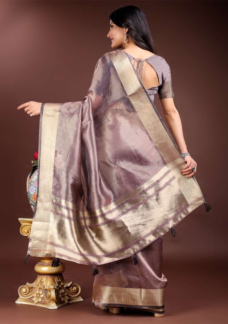 Purple Zari Weaving Organza Saree  Set - Indya