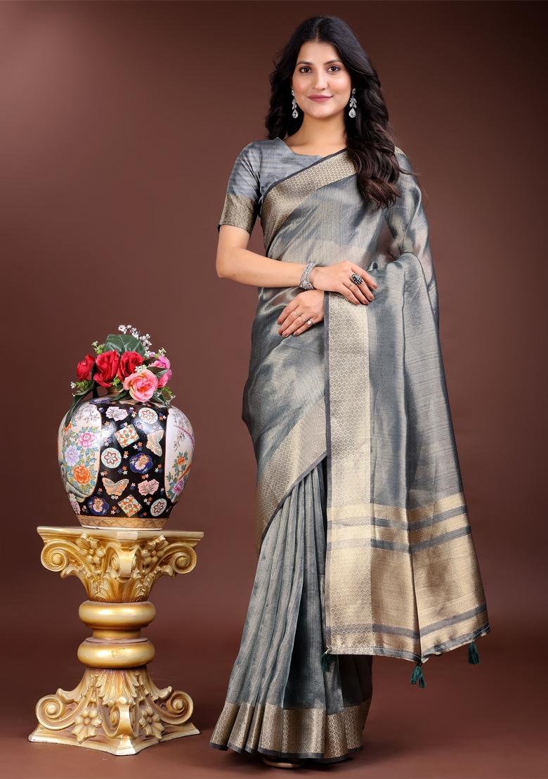 Silver Zari Weaving Organza Saree Set