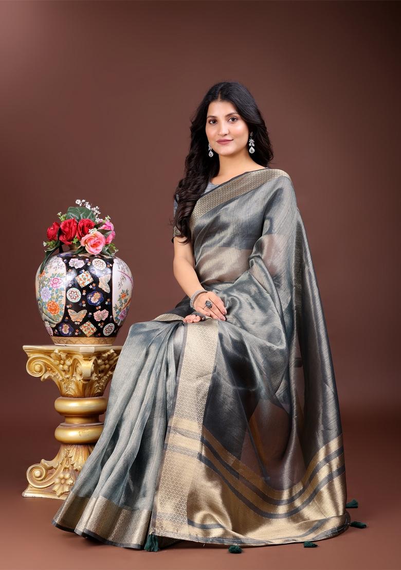Silver Zari Weaving Organza Saree  Set