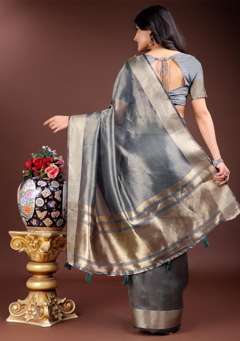 Silver Zari Weaving Organza Saree Set