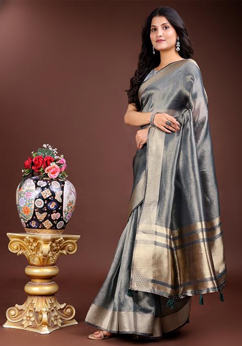 Silver Zari Weaving Organza Saree Set