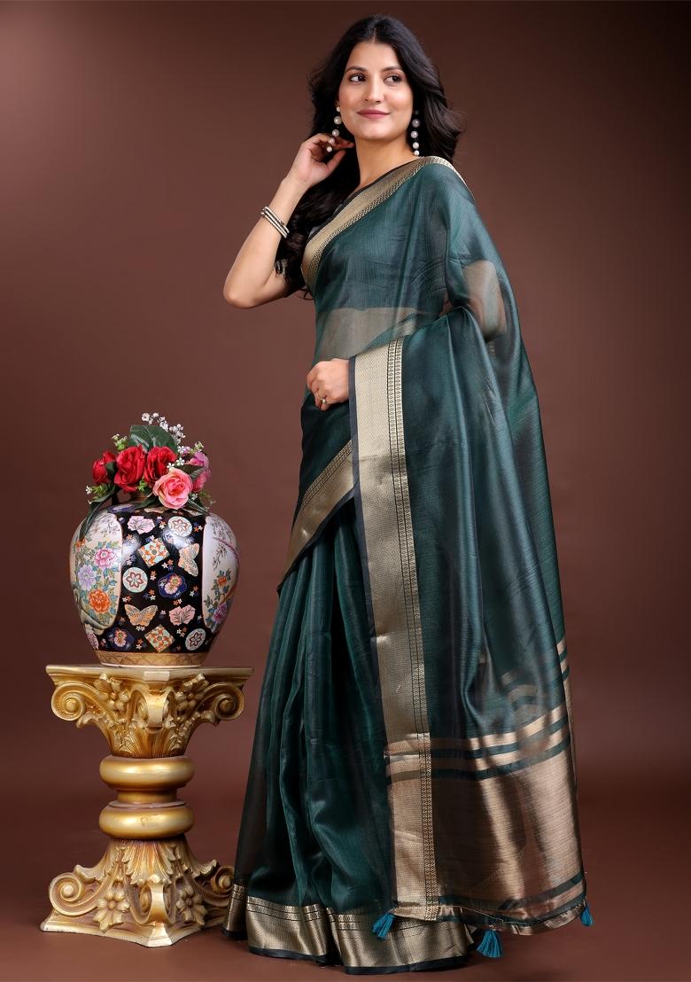 Sea Green Zari Weaving Organza Saree  Set
