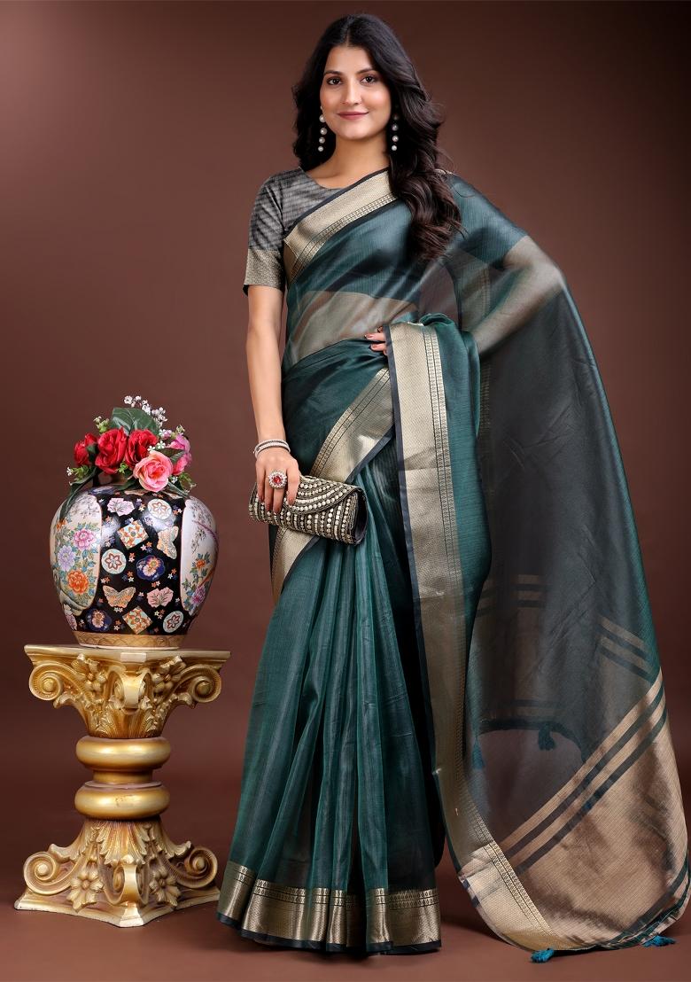 Sea Green Zari Weaving Organza Saree  Set