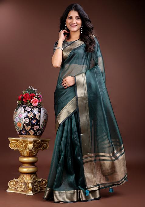 Sea Green Zari Weaving Organza Saree  Set