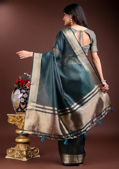Sea Green Zari Weaving Organza Saree Set