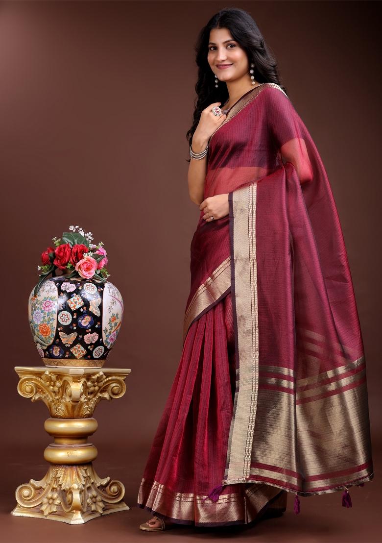 Magenta Zari Weaving Organza Saree  Set