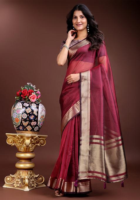 Magenta Zari Weaving Organza Saree  Set