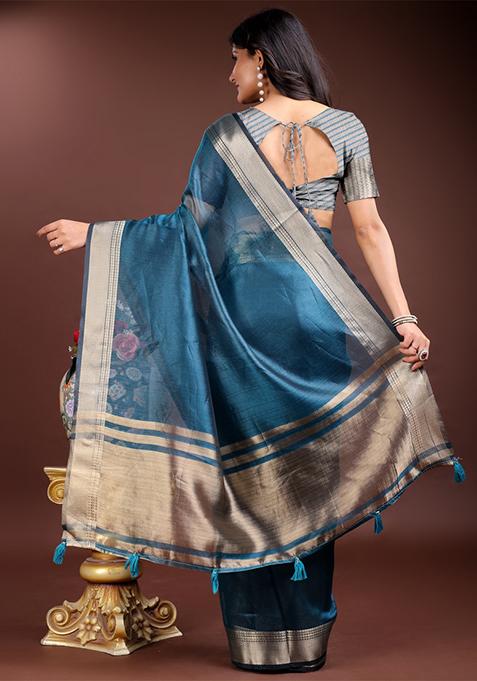 Sea Green Zari Weaving Organza Saree Set