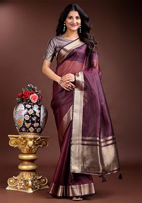 Purple Zari Weaving Organza Saree  Set
