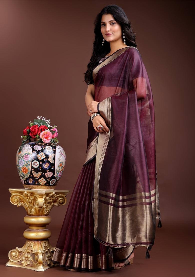 Purple Zari Weaving Organza Saree  Set