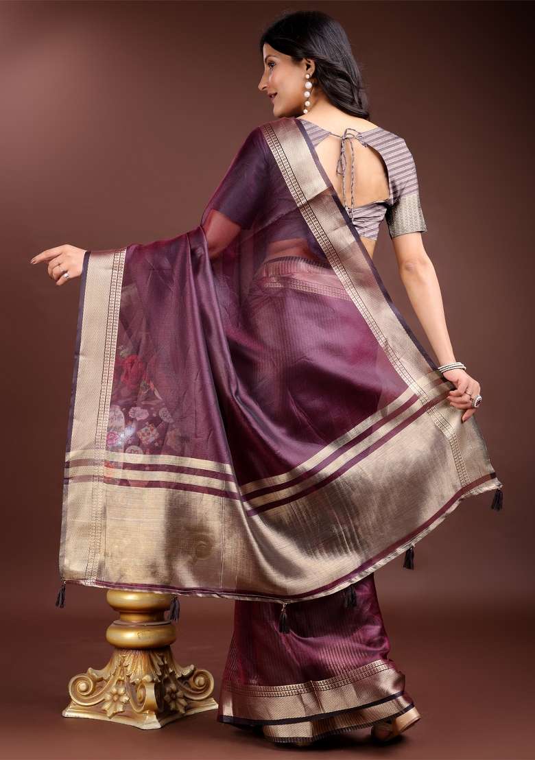 Purple Zari Weaving Organza Saree  Set - Indya