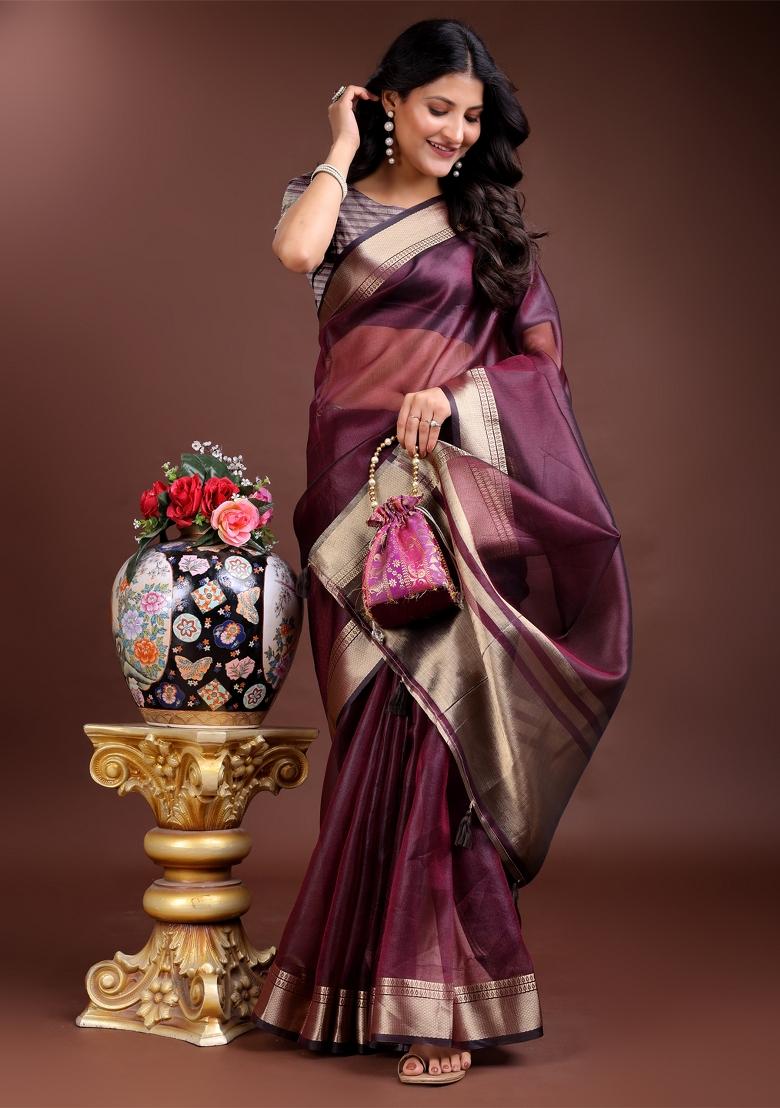 Purple Zari Weaving Organza Saree  Set