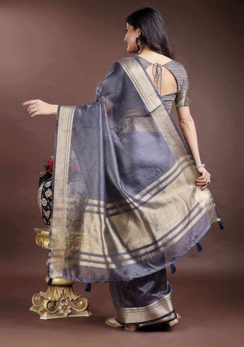 Grey Zari Weaving Organza Saree  Set - Indya