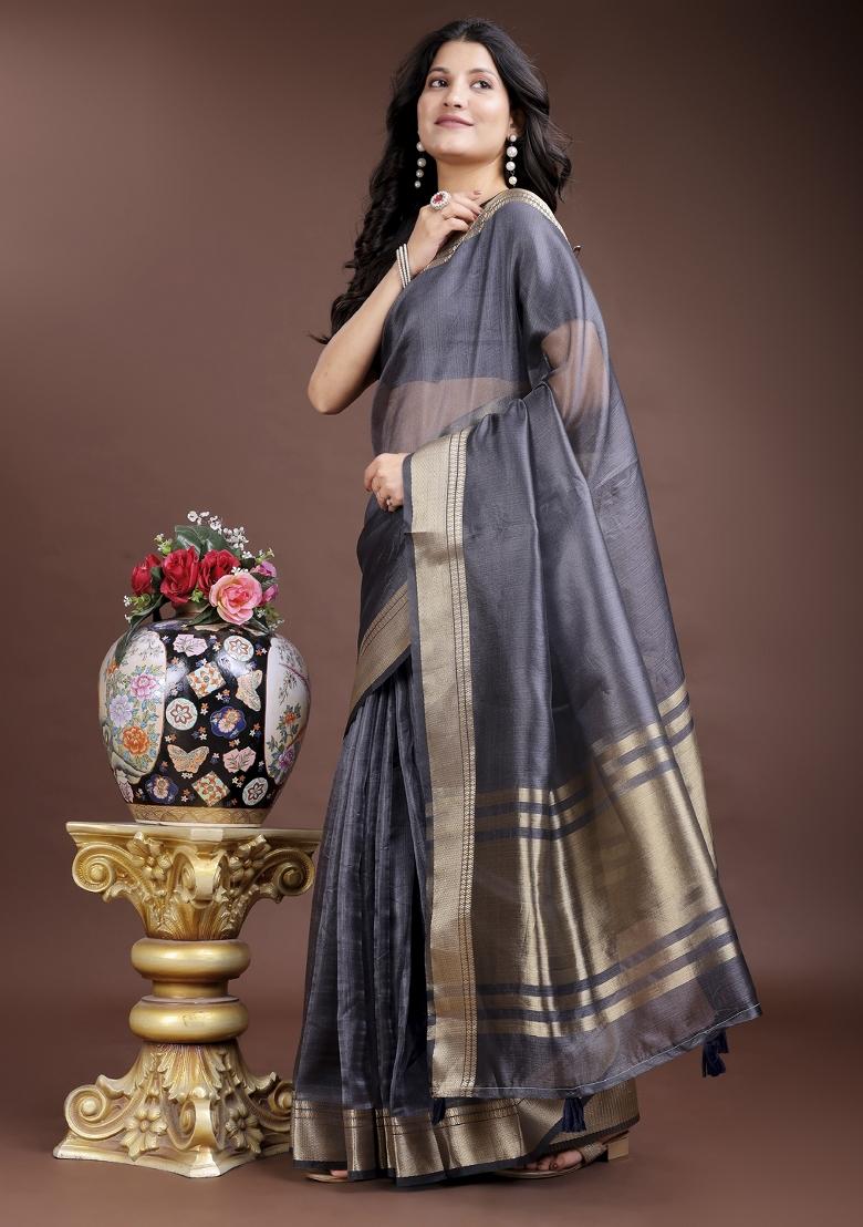 Grey Zari Weaving Organza Saree  Set