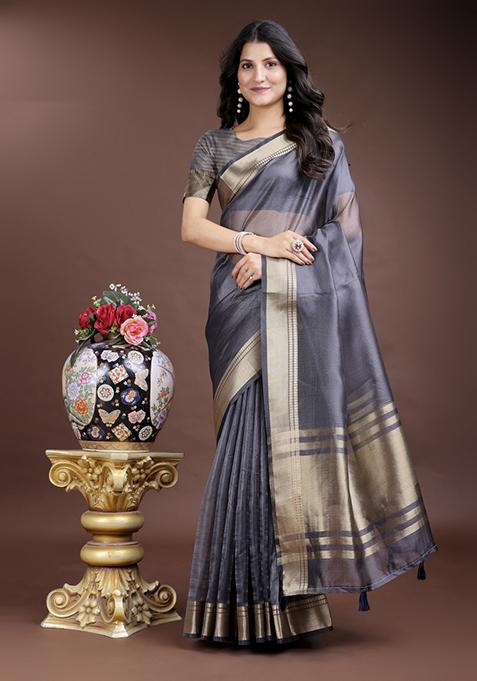 Grey Zari Weaving Organza Saree  Set