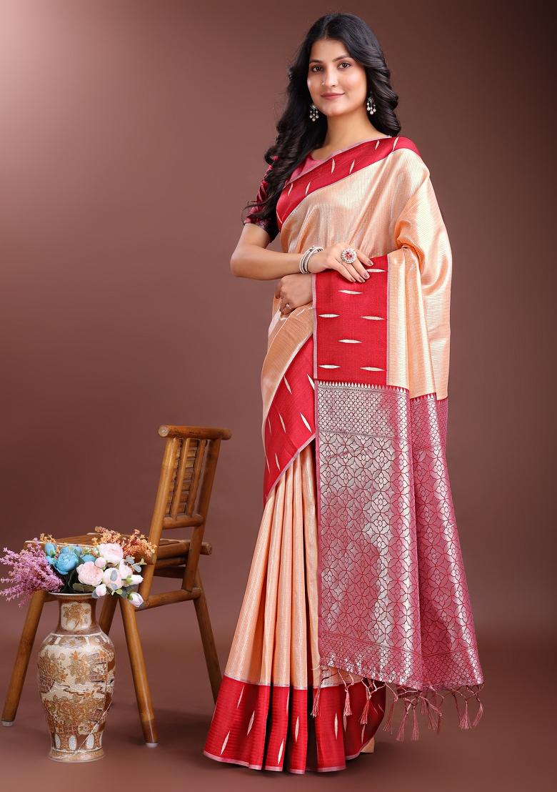 Red Woven Zari Work Silk Saree  Set