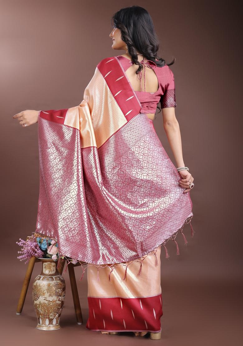 Red Woven Zari Work Silk Saree Set