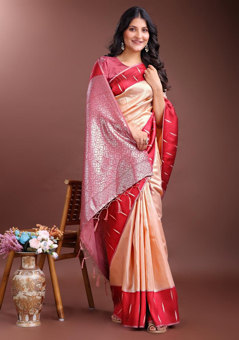 Red Woven Zari Work Silk Saree  Set