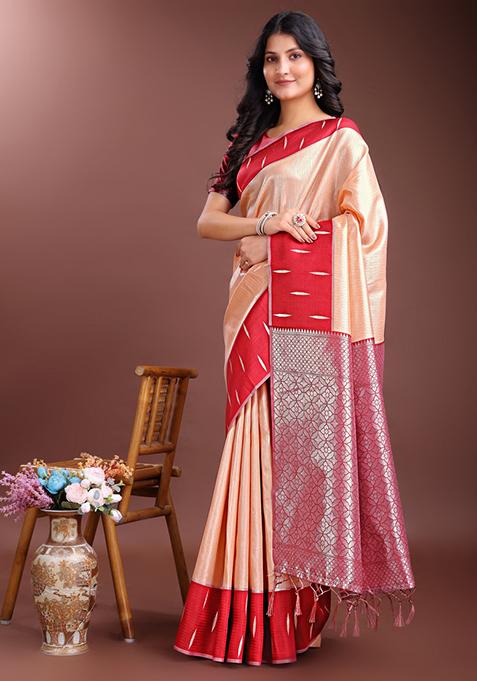 Red Woven Zari Work Silk Saree Set