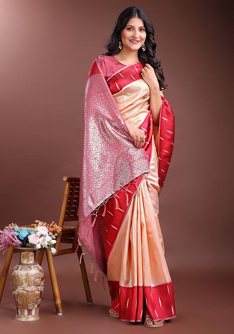 Red Woven Zari Work Silk Saree Set