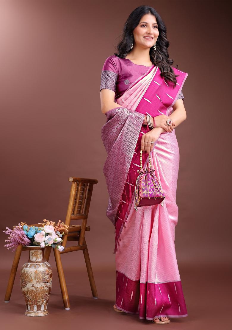 Magenta Woven Zari Work Silk Saree  Set
