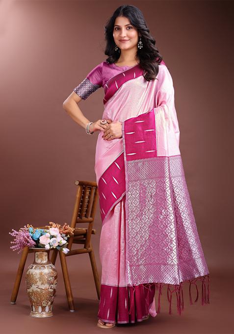Magenta Woven Zari Work Silk Saree  Set