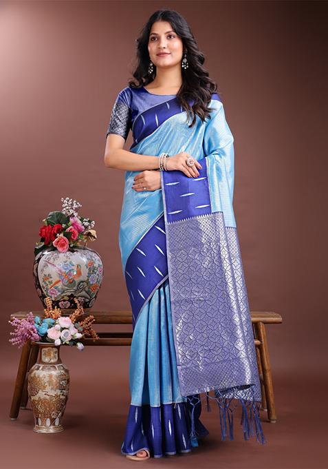Blue Woven Zari Work Silk Saree  Set