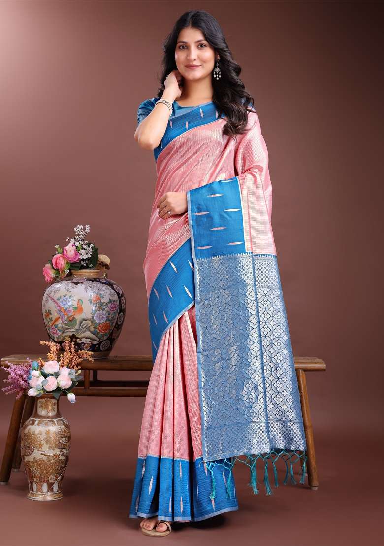 Sky Blue Woven Zari Work Silk Saree  Set - Indya