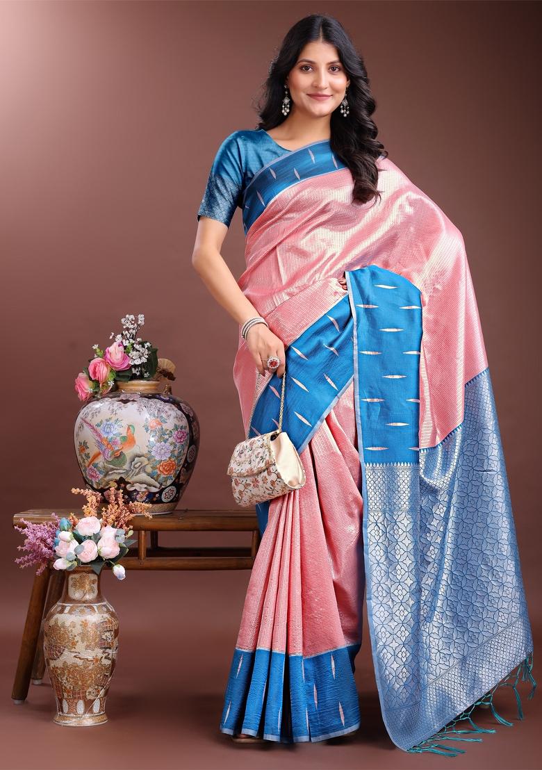 Sky Blue Woven Zari Work Silk Saree  Set