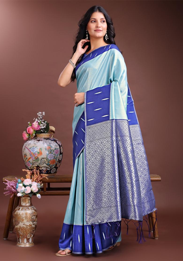 Blue Woven Zari Work Silk Saree  Set