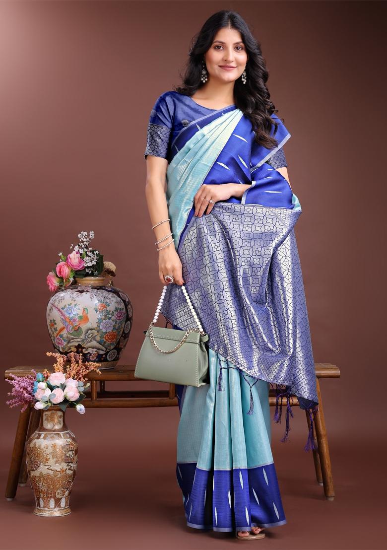Blue Woven Zari Work Silk Saree  Set