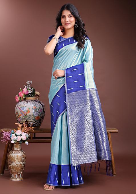 Blue Woven Zari Work Silk Saree  Set