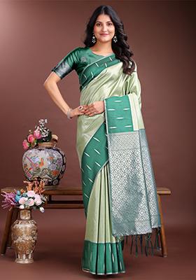 Green Woven Zari Work Silk Saree  Set