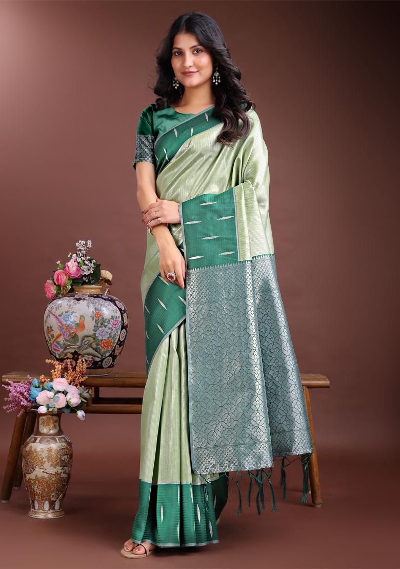 Green Woven Zari Work Silk Saree  Set