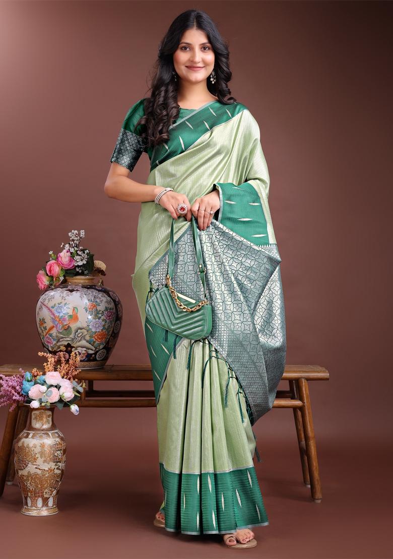 Green Woven Zari Work Silk Saree  Set