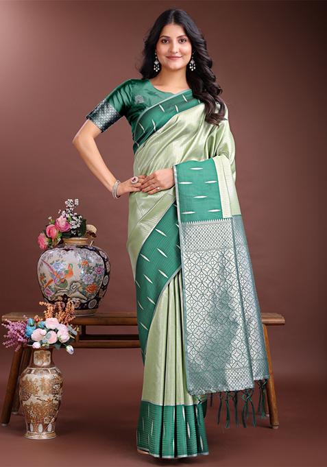 Green Woven Zari Work Silk Saree  Set
