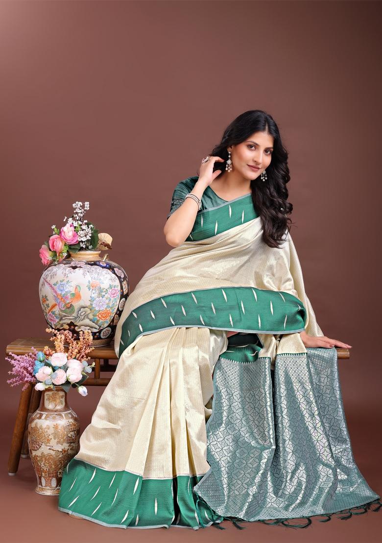 Green Woven Zari Work Silk Saree  Set